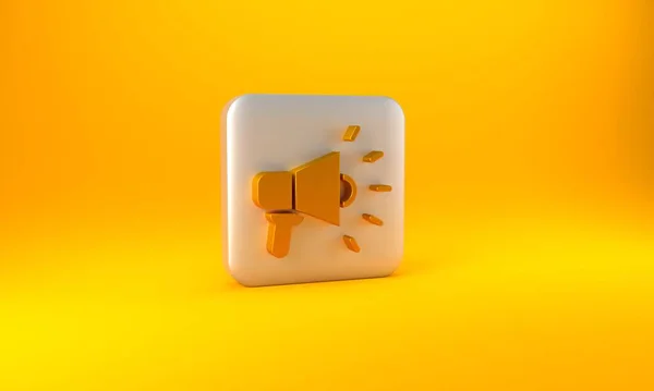 Ícone Megafone Dourado Isolado Fundo Amarelo Sinal Orador Botão Quadrado — Fotografia de Stock