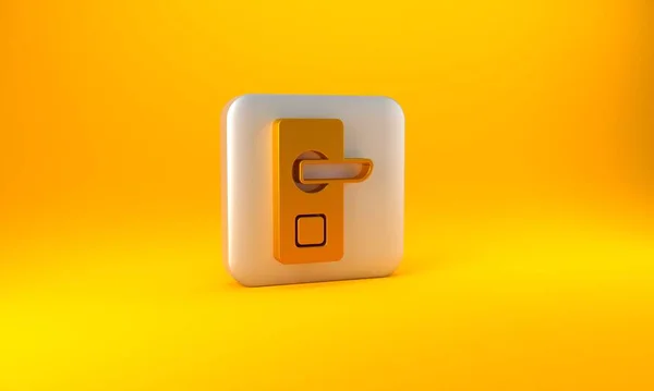 带有无线技术的金门锁 用于解锁黄色背景下的图标 门把手的标志 安全聪明的家 银方按钮 3D渲染说明 — 图库照片