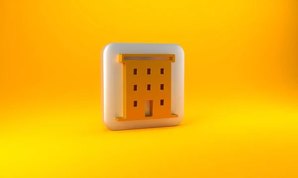 黄色の背景に隔離されたゴールドマルチ階建ての建物のアイコン 銀四角形のボタン 3Dレンダリング図 — ストック写真