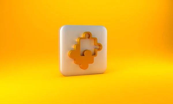Gold Puzzleteile Spielzeugikone Isoliert Auf Gelbem Hintergrund Silberner Quadratischer Knopf — Stockfoto