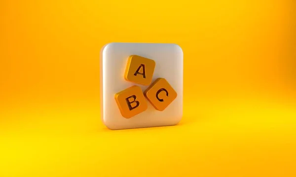 金色Abc块图标孤立在黄色背景上 字母方块 字母A C银方按钮 3D渲染说明 — 图库照片