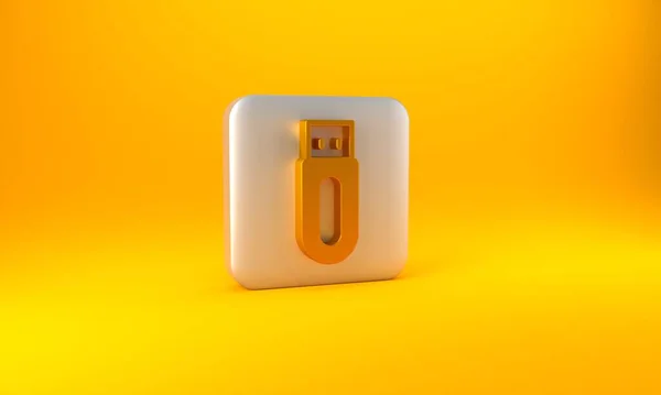 黄色の背景に隔離されたゴールドUsbフラッシュドライブアイコン 銀四角形のボタン 3Dレンダリング図 — ストック写真