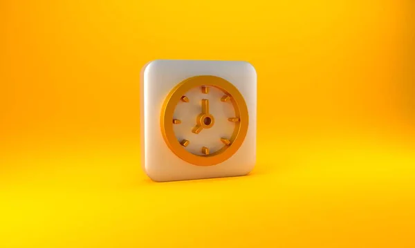 黄色の背景に隔離されたゴールドクロックアイコン 時間の象徴だ 銀四角形のボタン 3Dレンダリング図 — ストック写真