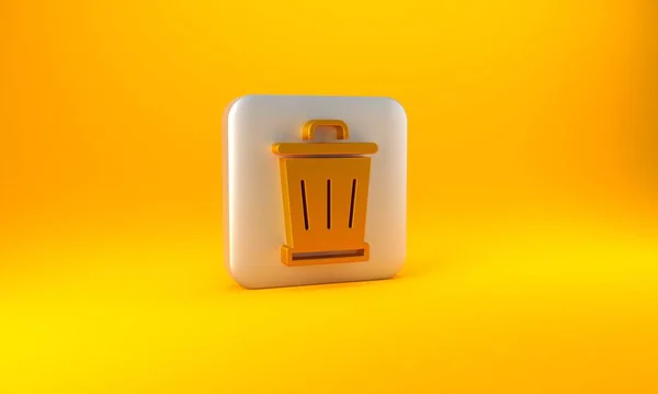 金のゴミは黄色の背景に隔離されたアイコンができます ゴミのゴミ箱の看板 リサイクルバスケットのアイコン オフィスのゴミアイコン 銀四角形のボタン 3Dレンダリング図 — ストック写真