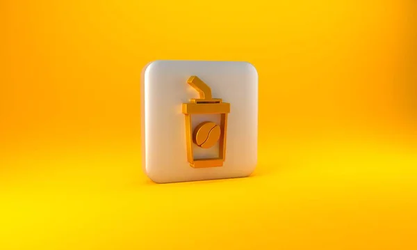 黄色の背景に隔離されたアイコンを移動するゴールドコーヒーカップ 銀四角形のボタン 3Dレンダリング図 — ストック写真