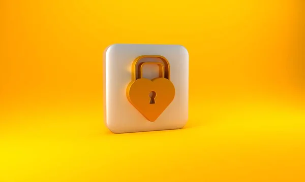 金堡的形状是一个心脏图标 孤立在黄色的背景上 锁定的心脏 爱的象征和钥匙孔标志 银方按钮 3D渲染说明 — 图库照片