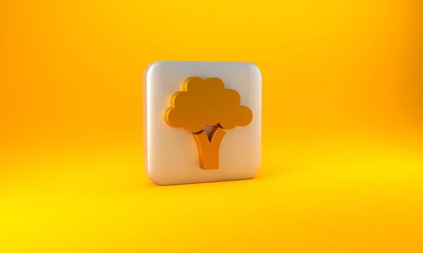 Icono Brócoli Dorado Aislado Sobre Fondo Amarillo Botón Cuadrado Plateado — Foto de Stock