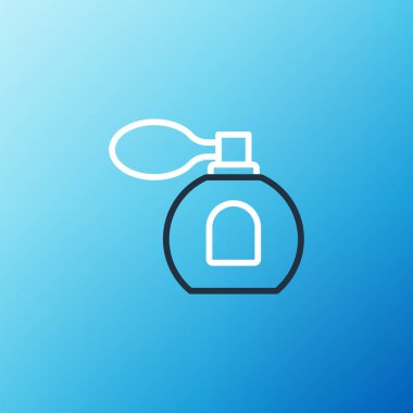 Mavi arkaplanda çizgi parfüm ikonu izole edildi. Renkli taslak konsepti. Vektör.