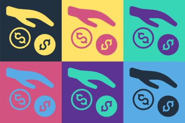 Pop Art Bağışı ve yardım ikonu renkli arka planda izole edildi. Para ve bağış konsepti. Vektör.