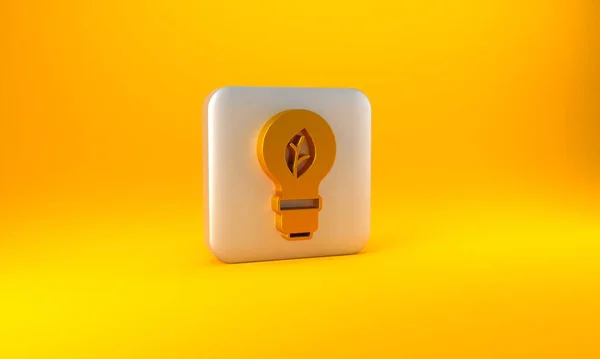 黄色の背景に葉のアイコンが隔離された金の電球 エコエネルギーの概念 代替エネルギーの概念 銀四角形のボタン 3Dレンダリング図 — ストック写真