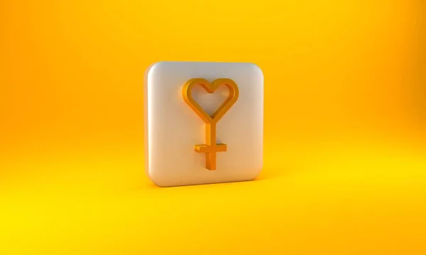 Gold Female gender symbol icon isolated on yellow background. Venus symbol. The symbol for a female organism or woman. Silver square button. 3D render illustration.