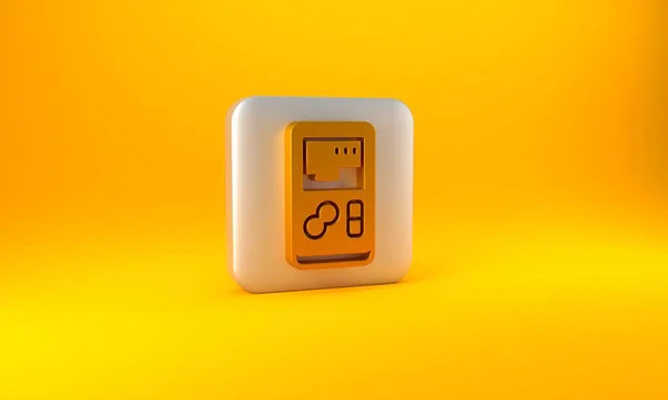 黄色の背景に隔離されたゴールドポータブルビデオゲームコンソールアイコン ハンドヘルドコンソールゲーム 銀四角形のボタン 3Dレンダリング図 — ストック写真