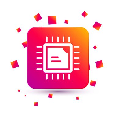 Beyaz arkaplanda mikro devreli işlemci simgesi olan beyaz bilgisayar işlemcisi. Devre kartlı çip ya da işlemci. Mikro işlemci. Kare renk düğmesi. Vektör.