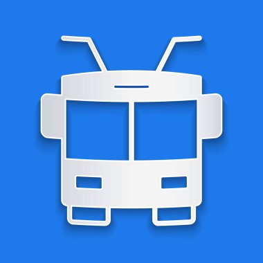 Kağıt kesiği Trolleybus simgesi mavi arkaplanda izole edildi. Toplu taşıma sembolü. Kağıt sanatı tarzı. Vektör.