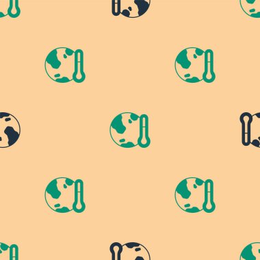 Küresel ısınma simgesine dönüşen yeşil ve siyah Gezegen Dünya bej arka planda izole edilmiş pürüzsüz desen. Ekolojik problemler ve çözümler - termometre. Vektör.