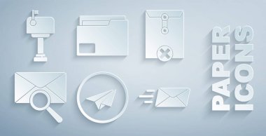 Kağıt Düzlem Silme Zarfını Büyüteç Ekspres Belge dizini ve Posta Kutusu simgesi ile Sil. Vektör.