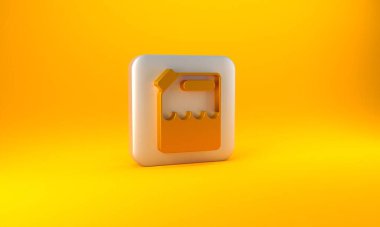 Sarı arka planda izole edilmiş benzin ikonu için altın kutu. Dizel gaz ikonu. Gümüş kare düğme. 3 Boyutlu resimleme.