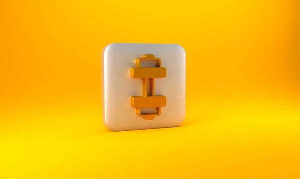 黄色の背景に分離された金のダンベルアイコン 筋肉のリフティング フィットネスバー スポーツ用品 銀四角形のボタン 3Dレンダリング図 — ストック写真