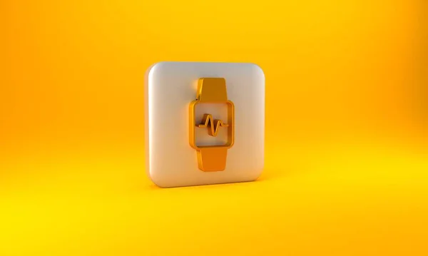 黄色の背景に隔離された心拍数アイコンを示すゴールドスマートウォッチ フィットネスアプリのコンセプト 銀四角形のボタン 3Dレンダリング図 — ストック写真