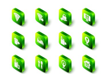 İnternetten pizza siparişi ver, kafe restoranının yerini söyle, alkollü bira barı ve çatal kaşığı ikonu. Vektör.