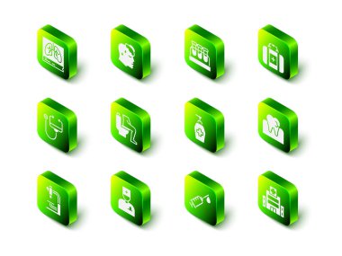 Yüksek insan vücut ısısı test tüpünü, ilk yardım çantasıyla Sıvı antibakteriyel sabun şırıngası ve erkek doktor ikonu yapan hastaneyi hazırla. Vektör.