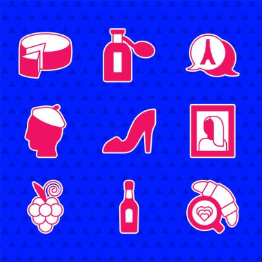 Şampanyalı Kadın Ayakkabısı Kahve fincanı Müzede ayçöreği portresi resmi Fransız Eyfel Kulesi ve Peynir ikonu. Vektör.