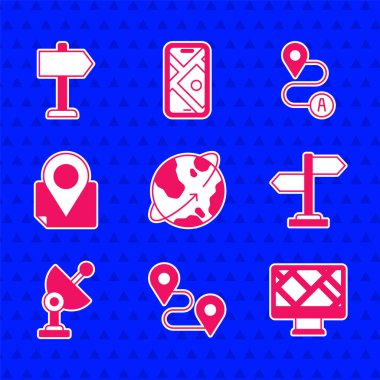 Dünya Rotası 'nın yörüngesindeki uyduları harita yolu trafik işaretli Radar işaretli ve simgeli olarak ayarla. Vektör.