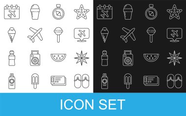 Line Flip flops Rüzgar gülü konuşma baloncuğu ve uçak Compass Plane Dondurma külahı takvimi ve lolipop ikonu. Vektör.