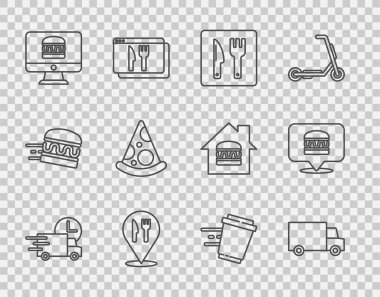 Cafe ve restoran ile hızlı teslimatı ayarla. İnternetten pizza siparişi ver. Kahve fincanı sipariş et ve git ve hamburger ikonu al. Vektör.