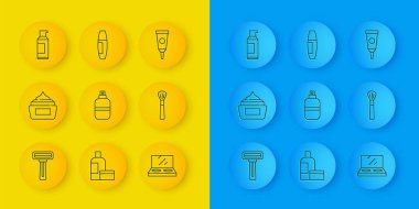 Saç spreyi ve Mascara ikonu için aynalı fırça spreyi kutusuyla tıraş jileti kremi losyonu ve parfüm parfümü makyaj pudrasını ayarla. Vektör.