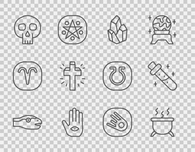 Çizgi çizgisi Yılan Cadı Kazanı Sihirli Kazan Hamsa eli Kafatası Hristiyan haçı Kuyrukluyıldız hızla düşüyor ve iksir ikonu ile şişe. Vektör.