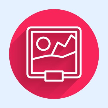 Beyaz çizgi Resim simgesi uzun gölge arkaplanı ile izole edildi. Kırmızı daire düğmesi. Vektör.