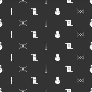 Şişeyi iksirle, sihirli halıyla, değnekle ve Eskiler 'in kusursuz desenli sihirli kitabıyla ayarla. Vektör.