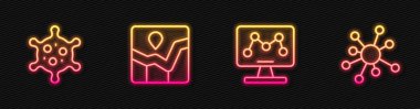 Genetik mühendisliği, virüs grafiği ve molekül grafiğini ayarla. Parlayan neon ikonu. Vektör.