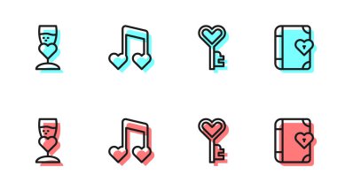 Anahtar 'ı kalp şeklinde ayarla şampanya kadehi nota tonu kalp ve aşk günlüğü ikonu. Vektör.