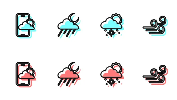 stock vector Set line Cloud with snow and sun, Weather forecast, rain moon and Windy weather icon. Vector.