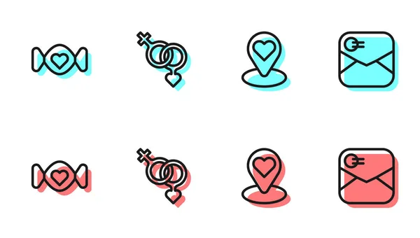 Nastavit Čáru Umístění Srdcem Candy Gender Ikona Obálka Valentine Vektor — Stockový vektor