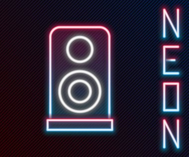 Parlayan neon hattı Stereo hoparlör simgesi siyah arkaplanda izole edildi. Ses sistemi hoparlörleri. Müzik ikonu. Müzikal sütun hoparlörü. Renkli taslak konsepti. Vektör