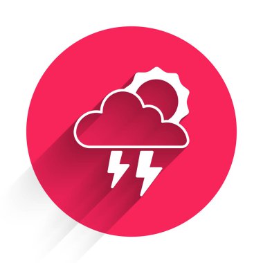 Beyaz Fırtına simgesi uzun gölgelerle izole edilmiş. Şimşek ve güneş işaretli bir bulut. Fırtınanın hava durumu ikonu. Kırmızı daire düğmesi. Vektör.