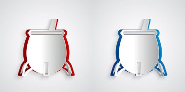 Kağıt kesiği cadı kazanı simgesi gri arkaplanda izole edilmiş. Mutlu Cadılar Bayramı Partisi. Kağıt sanatı tarzı. Vektör