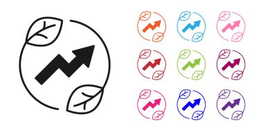 Beyaz arkaplanda siyah elektrik kaydedilen yaprak simgesi. Elektrik tasarrufu. Çevresel koruma. Biyolojik enerji. Simgeleri renklendirin. Vektör