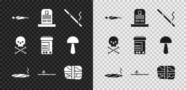Marijuana batakhanesi, RIP yazılı Tombstone sigarası, dumanı, afyon piposu, paket kokaini, kurukafa kemiği ve ilaç şişesi ve hap ikonu. Vektör