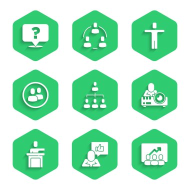 Hiyerarşi organizasyon şemasını, Hand like, Project team base, Media projektör, Speaker, Head Hunting ve Question mark simgesini ayarla. Vektör