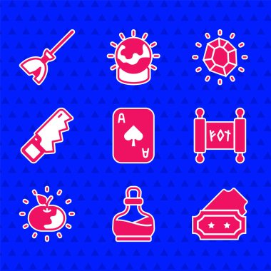 Oyun kartları, iksirli şişe, bilet, sihirli parşömen, zehirli elma, el testeresi, taş ve cadı süpürgesi ikonu. Vektör