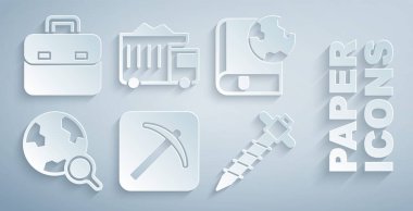 Set Kazma, Dünya küresi ve kitabı, büyüteçle birlikte büyüteç, inşaat matkabı, çöp kamyonu ve evrak çantası ikonu. Vektör