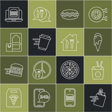 İnternetten Asya erişteli, erişteli, dondurmalı, Hotdog sandviçli kahve fincanı siparişi verip hamburger ve ikon sipariş et. Vektör.