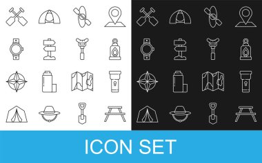 Çizgi piknik masasını el feneri kamp feneri kano kano veya trafik levhası ile çatal ikonunda Smartwatch Paddle ve Sausage ile kurun. Vektör.