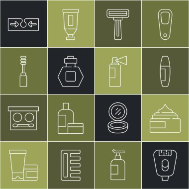 Epilatör krem losyonu kozmetik tüp fırçası traş bıçağı, parfüm aknesi ve ikonu hazırlayın. Vektör.