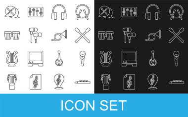 Davul ve bagetleri ayarlayın Mikrofon Kulaklıklar Hava kulaklıkları ve Trompet ikonu. Vektör.