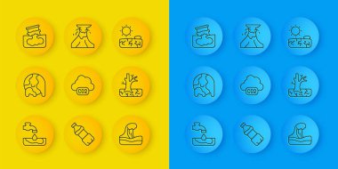 Küresel ısınma sorunu Küresel ısınma CO2 emisyonları Tsunami Solmuş Ağaç Varili Petrol sızıntısı Kuraklık ve lav ikonu ile yanardağ patlaması. Vektör.